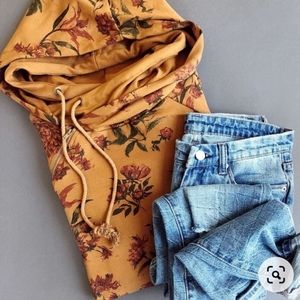 XS Mindy Mae's Market  Double Hood Sweatshirt Orange Vintage Floral Stretchy